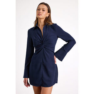 Lulus Lestina Navy Collared Twist-front Mini Dress Blue - Size M